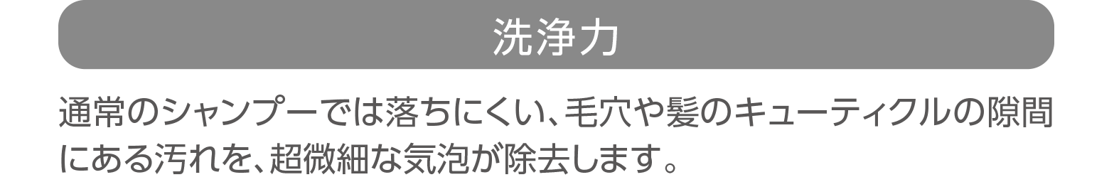 「洗浄力」通常のシャンプーでは落ちにくい、毛穴や髪のキューティクルの隙間にある汚れを、超微細な気泡が除去します。